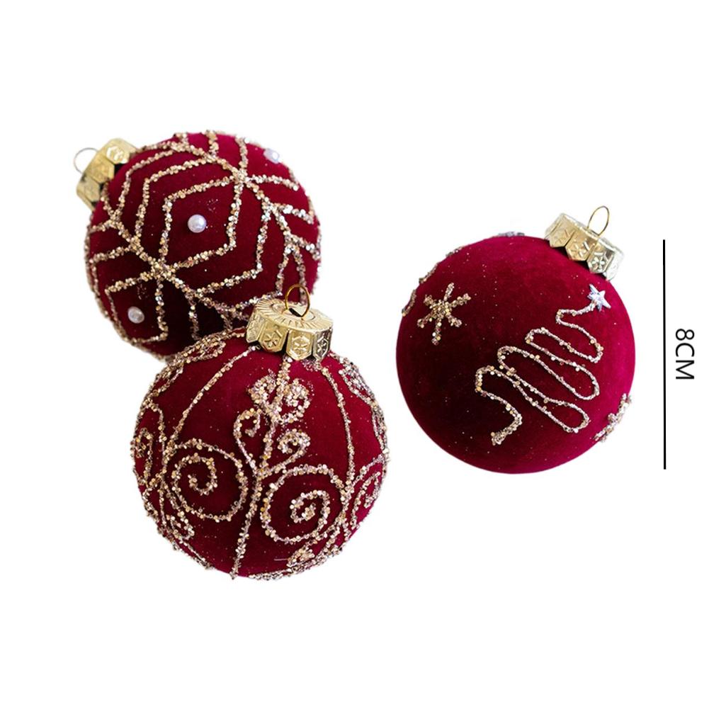 3pcs 8cm Wine Red Flocked Christmas Ornaments Christmas Tree Decorations Plastic Christmas Ball Festive Party Supplies For Home