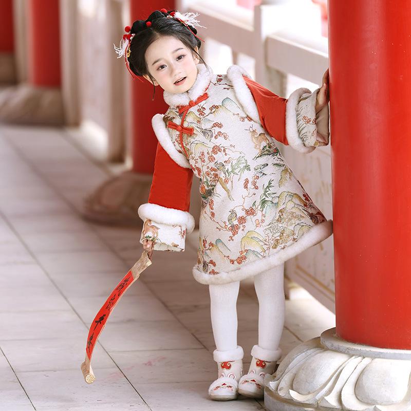 Girls' Winter Hanfu Cheongsam: Fleece-Lined Cotton Dress for Baby's First Birthday