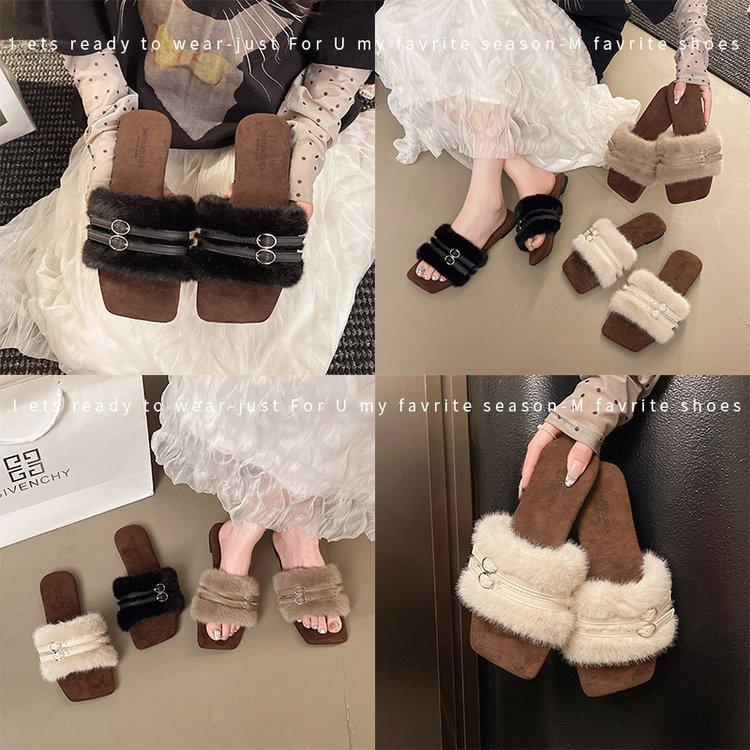[Youshilai] New one-word fluffy slippers women's 2025 autumn and winter wear versatile temperament fairy wind cotton slippers