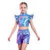Sleeveless Ruffle Metallic Crop Top and Tear-away Side Snap Shorts Set Rhinestone Adorned Mesh Patchwork for Kids Jazz Hip Hop Dance