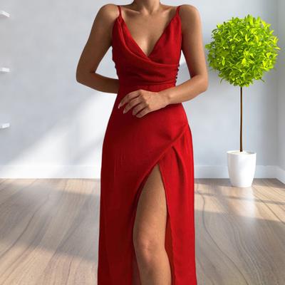 Damen Ärmelloses V-Ausschnitt Bodycon Kleid Sexy Spaghetti Träger Hoher Schlitz Gerafftes Midi Kleid Cocktailparty Hochzeitsgastkleid