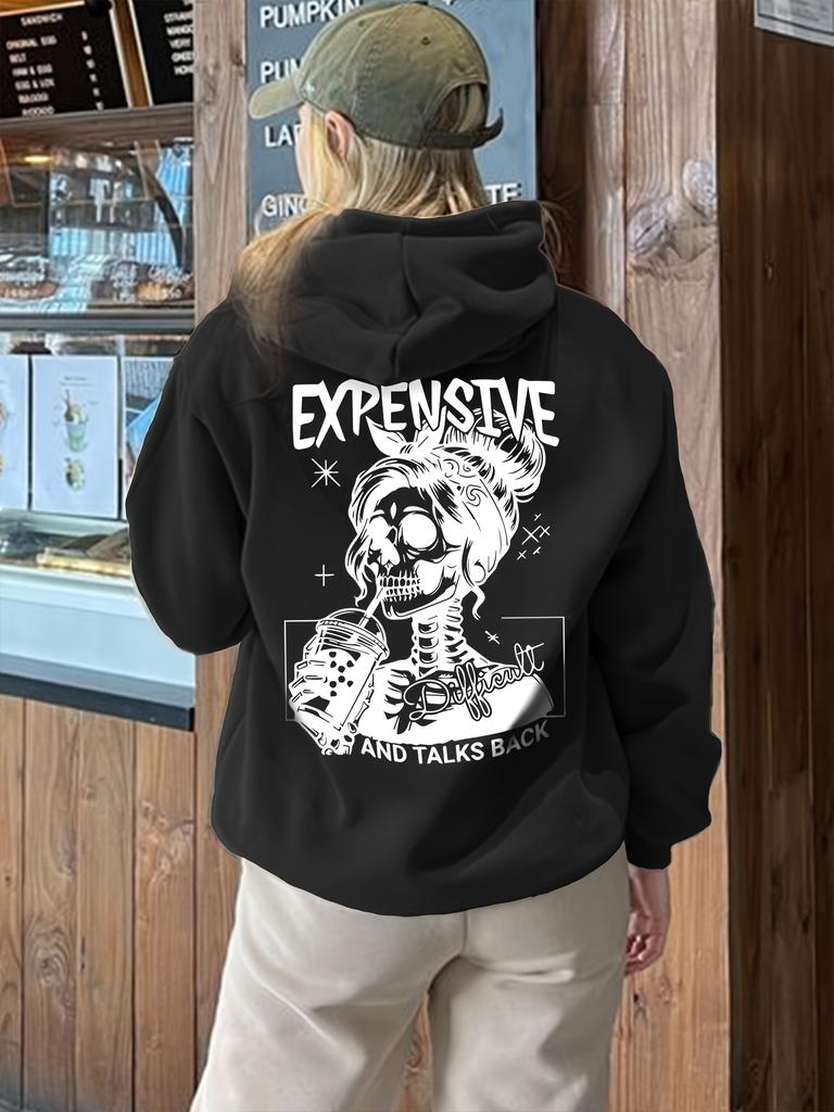 Women'S Casual Hooded Sweatshirt with Skeleton Drawing Comfortable and Stylish Casual Long Sleeve Pullover with Pockets Harajuku