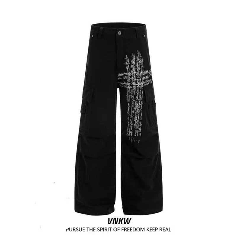 Mens Black Straight Wide Leg Cargo Jeans - Relaxed Fit Slightly Stretchy Thick Cotton Denim Winter