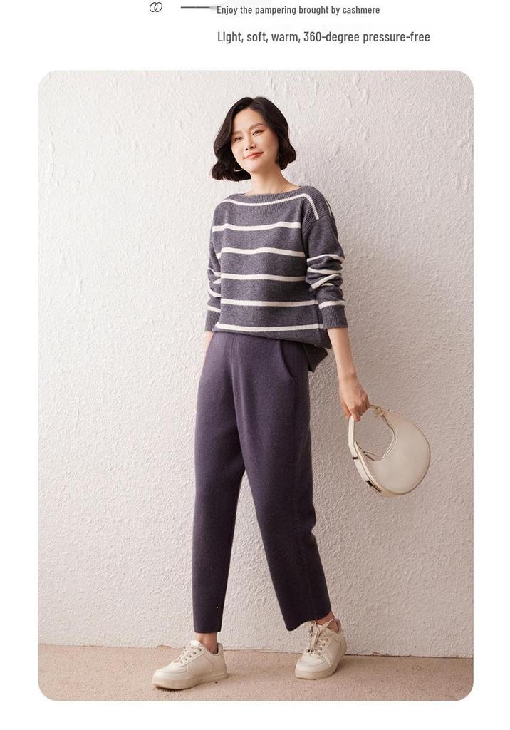 Women's One-Shoulder Striped Cashmere Sweater - Korean Style, Loose Fit Knitwear Top