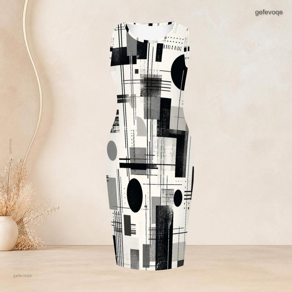 Womens Plus Size Geometric Printed Two Piece Set Sleeveless Bodycon Dress And 3 4 Sleeve Open Front Cardigan