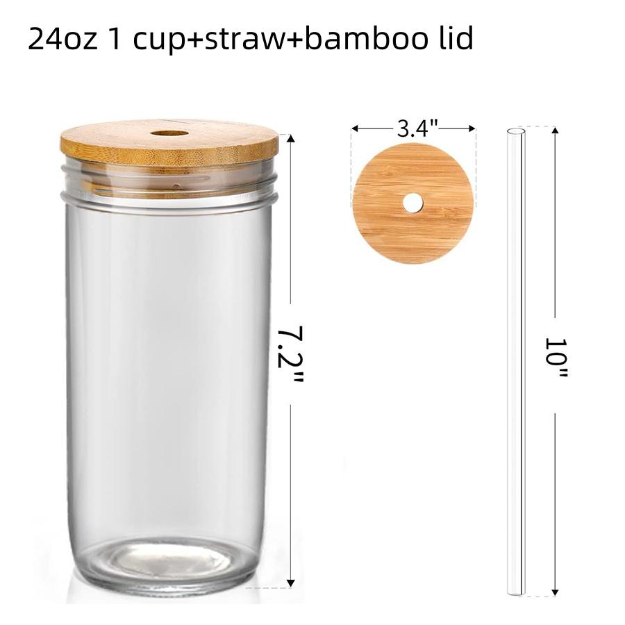 

Стеклянная кружка Мейсон 24 унции с широким горлом, стаканы для питья, стаканы для смузи с бамбуковыми крышками и соломинками, стакан для кофе со льдом, дорожный тамблер 701-800ml