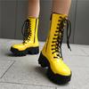 FOREADA Damen Stiefeletten Runde Zehenpartie Klobige Hohe Absätze Schnürung Reißverschluss Plateau Kurze Stiefel Damen Mode Schuhe Winter Gelb 44