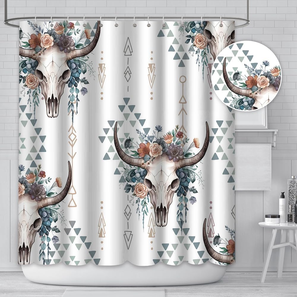 MEHOFOND Boho Western Cow Skull Shower Curtain - Bull Skull Flower Head - Farmhouse Country - Waterproof Fabric - 72x72 Inch