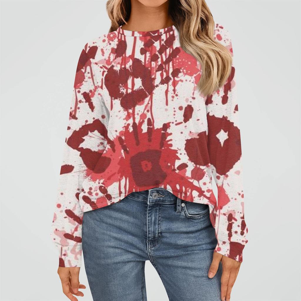 Damenmode Langarmshirts Locker sitzende Rundhalsausschnitt Basic Halloween Print Tops Lässige Outfits