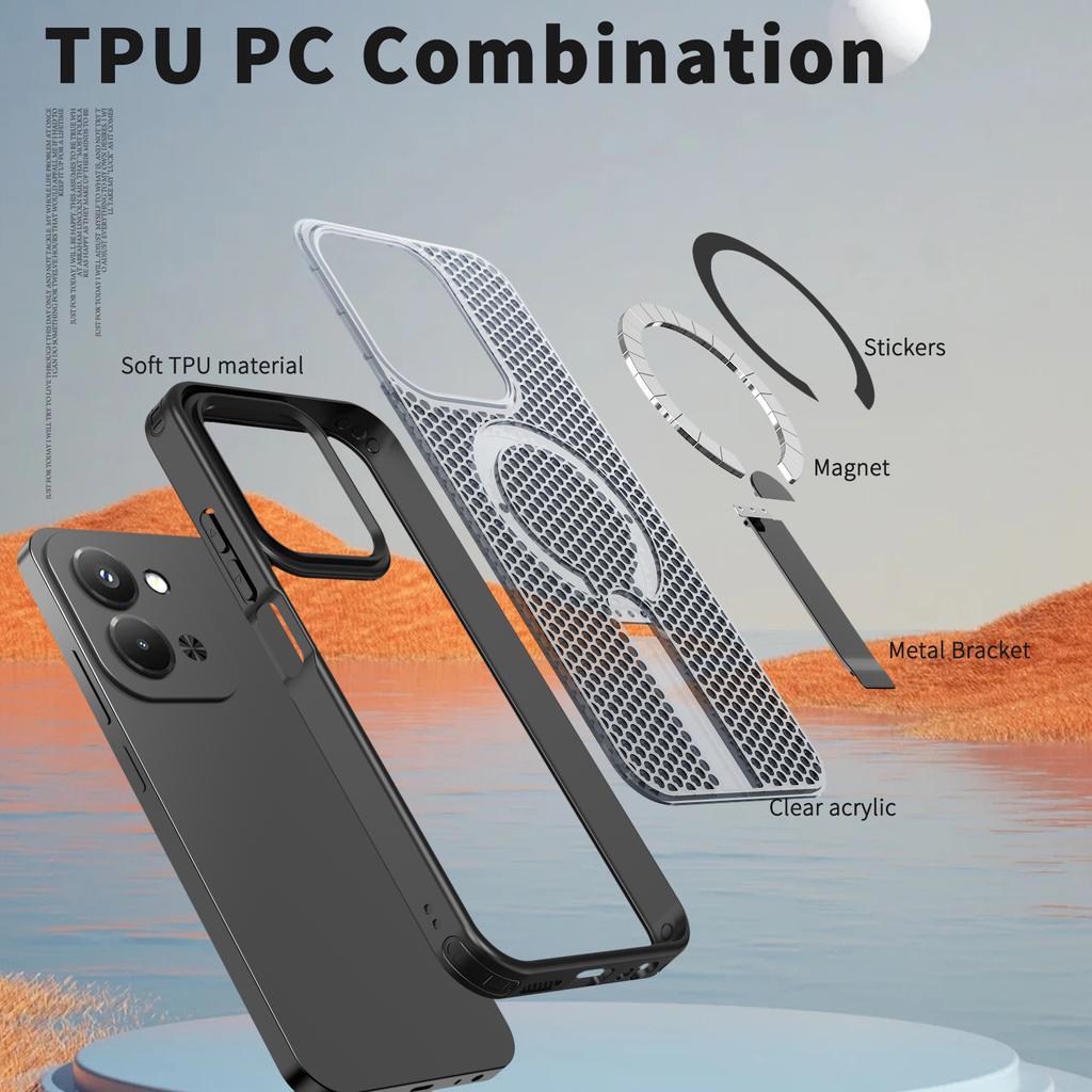 Military Anti-fall Cooling Hole Design Magnetic Case For Xiaomi Poco C85 Redmi 15C 4G 171.6mm 5G 173.2mm Metal Stand Back Cover