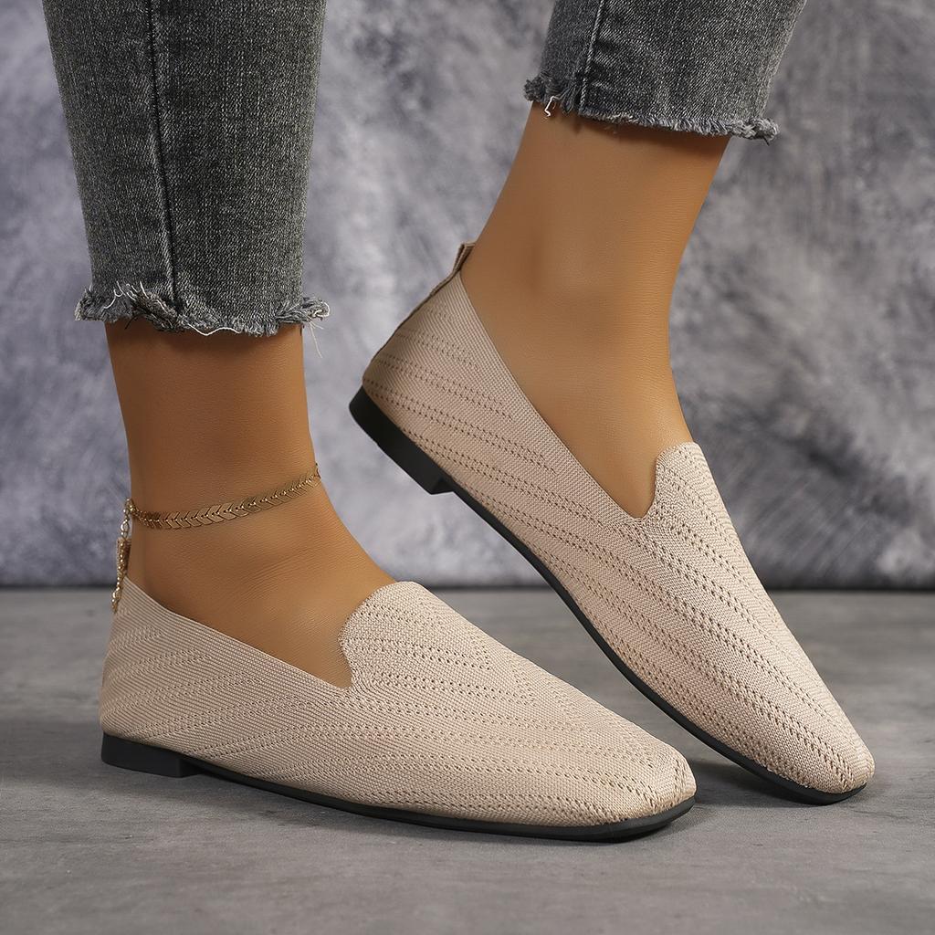 Novos mocassins de malha com bico quadrado de cor sólida, sapatos baixos rasos para mulheres, sapatos baixos de malha com fundo macio, sapatos casuais sem cadarço, sapatos de barco