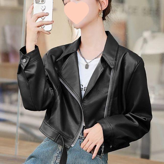 2025 Autumn Women's Petite Slimming Leather Jacket with Versatile Lapel Design