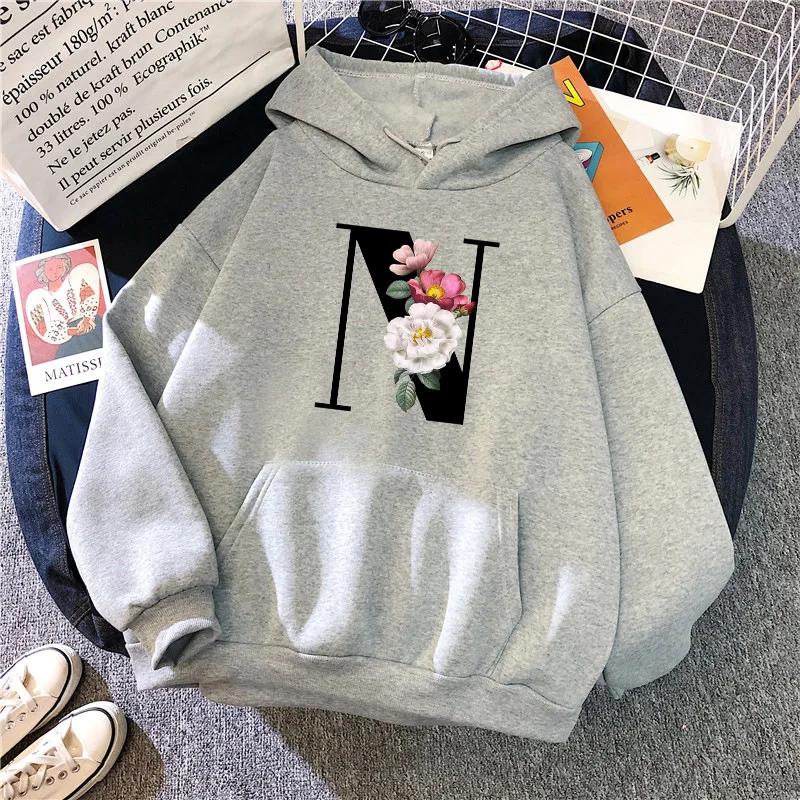 New in Womens Hoodies Casual Letters A-Z Printed Sweatshirts Sportswear Outdoors Sports Jogging Woman Clothing Running Grey Tops