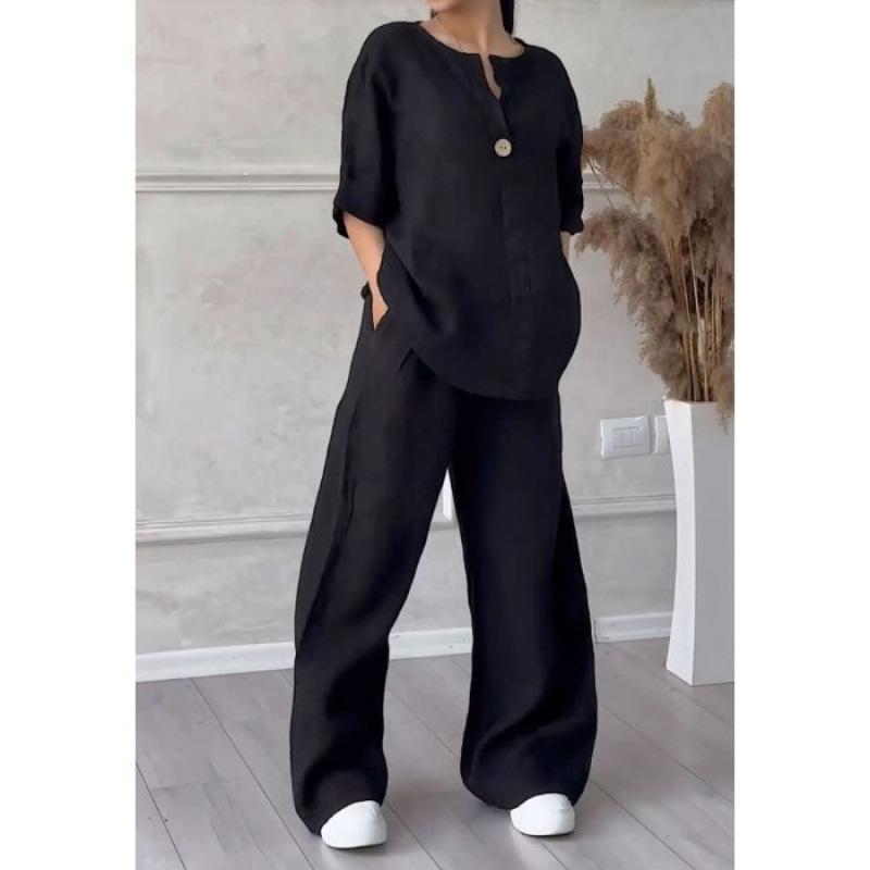 

European Khaki Linen V-Neck Shirt & Wide-Leg Pants Plus-Size Women s Casual Two-Piece Set Triple Extra Large чорний
