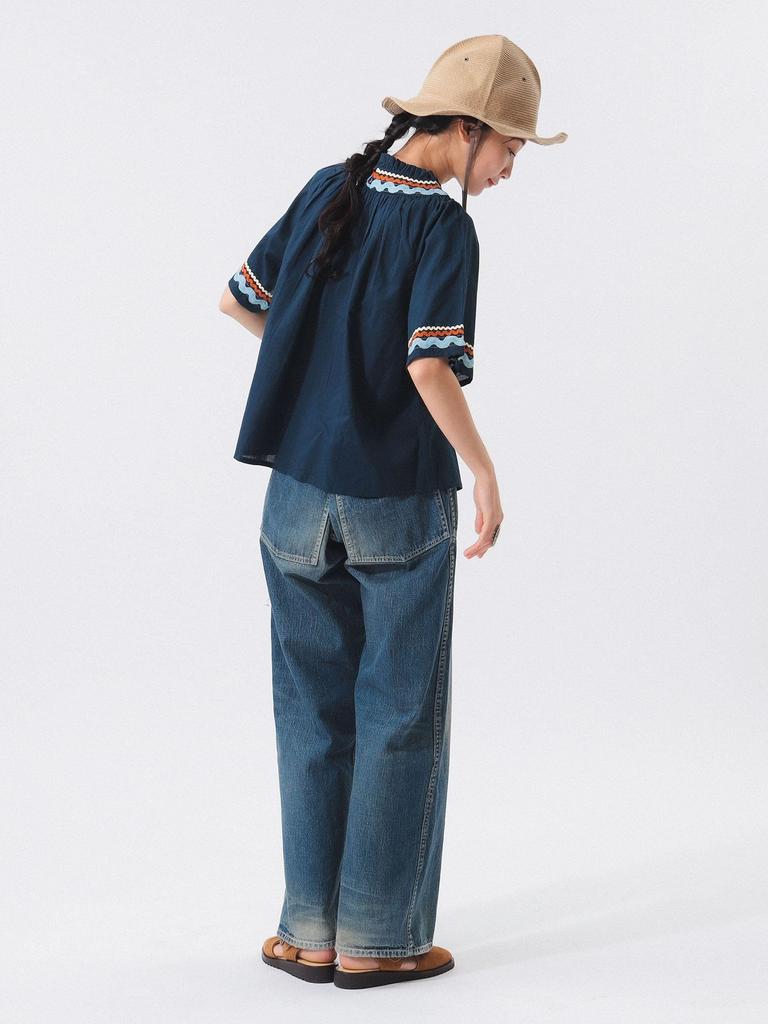 Beams Boy Shirt Trepied Tape Gathered Smock Navy Free S/S [Special Order] Women's