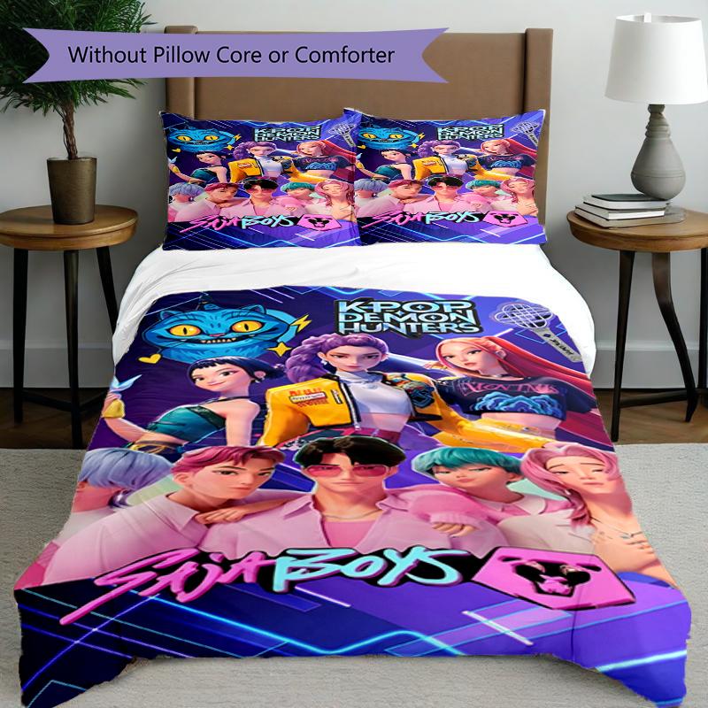 3-teiliges Bettbezug-Set (1 * Bettbezug + 2 * Kissenbezug, ohne Kern),KPop Dämonenjäger Druck Bettwäsche-Set, Schlafzimmer-Dekoration, Ganzjahres, Geburtstagsgeschenk 140cmx200cm
