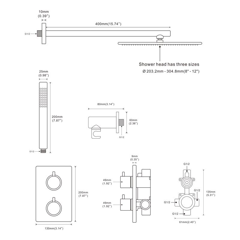 Bursh Gold Thermostatic Shower Faucet Set Bathroom System With Rain Handheld Wall Mount Luxury Mixer Tap With Conceal Diverter
