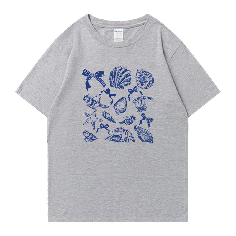 Hot sale Women's Ocean Animal Conch Bow Pattern Oversized t-shirt Unisex Cotton Men Women Casual short sleeve t-shirt Summer Top