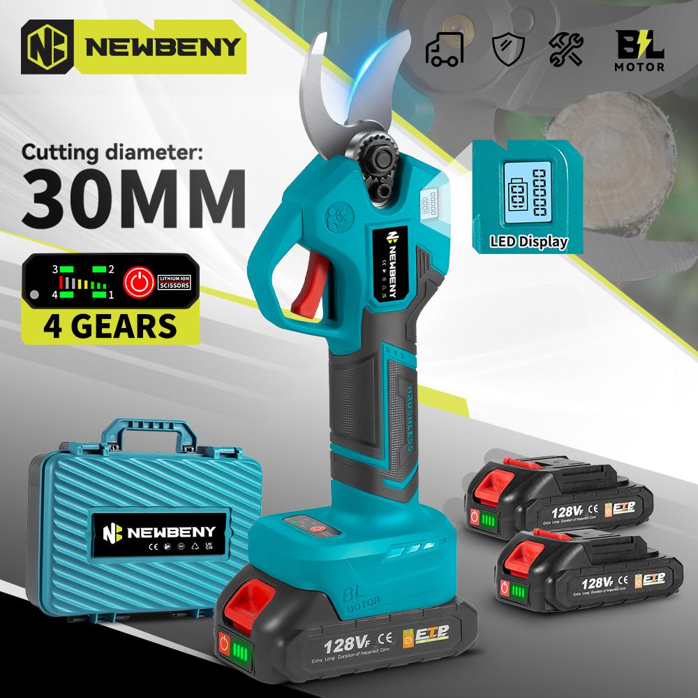 Newbeny 30mm Brushless Electric Pruner Shear 4 Gear Cordless Rechargeable Fruit Tree Bonsai Pruner Cutter For Makita 18V Battery