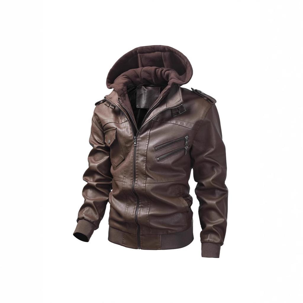 Hooded Leather Jacket Men's Fashion Trend Locomotive PU Leather Jacket Large Size Youth Jacket Hat Removable Casual Jacket