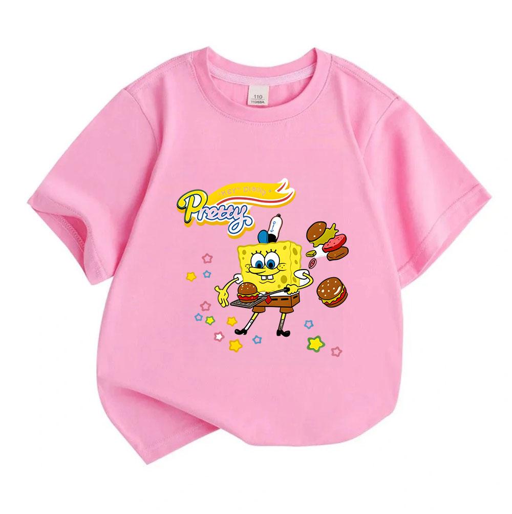 Kids Boys Girls 100% Cotton Crew Neck Short Sleeve T-Shirt, Cute Yellow Sponge Character Krabby Hamburger Print Casual Soft Tee for Children Daily Wea