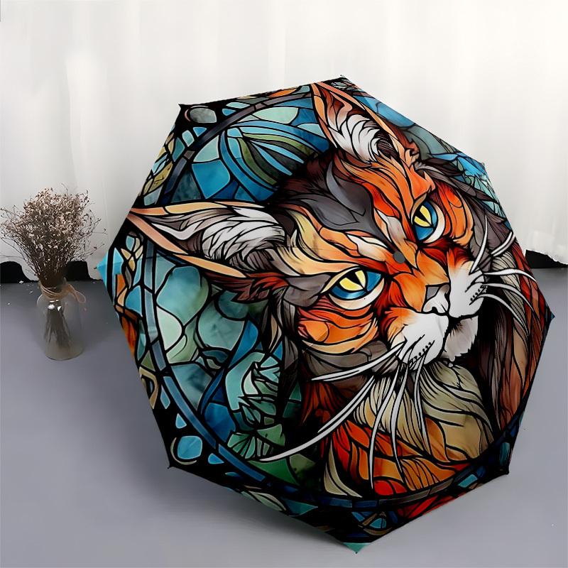 1pc Stained Glass Cat Design Automatic Opening Folding Umbrella with 8-Bone Iron Frame - Portable Outdoor for Fans, Travelers, Everyday Use, Festive G