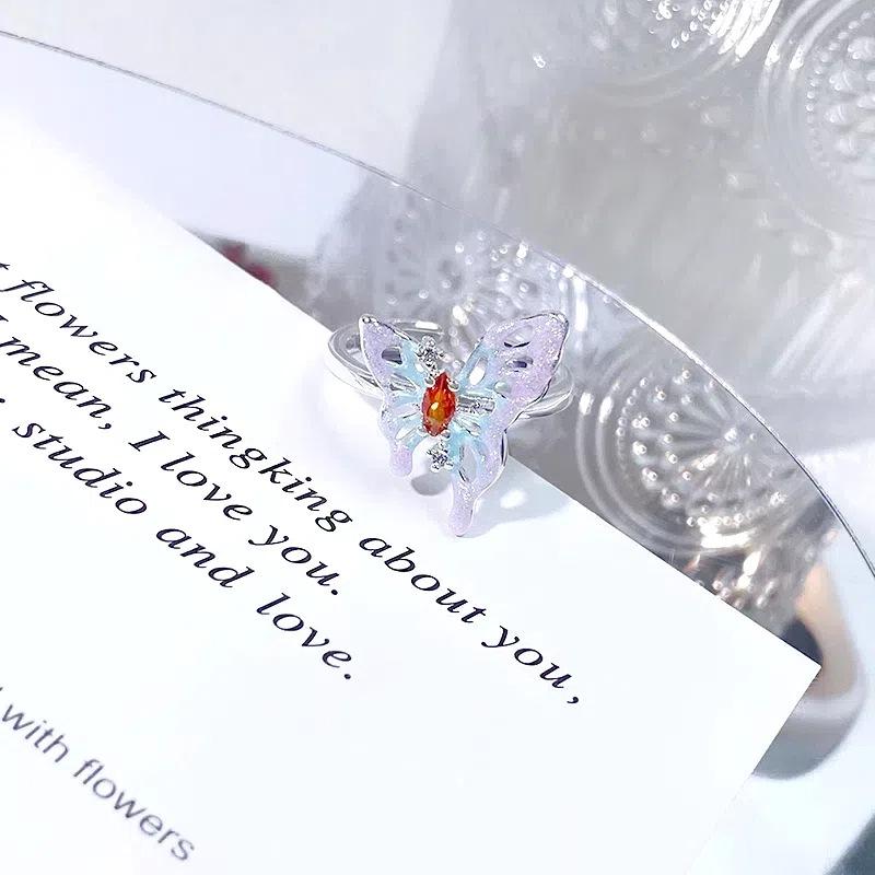 [Double Butterfly Yicai] Gradual Change Enamel Butterfly Opening Ring Women'S Light Luxury Niche Personality Advanced Sense Stacking Ring