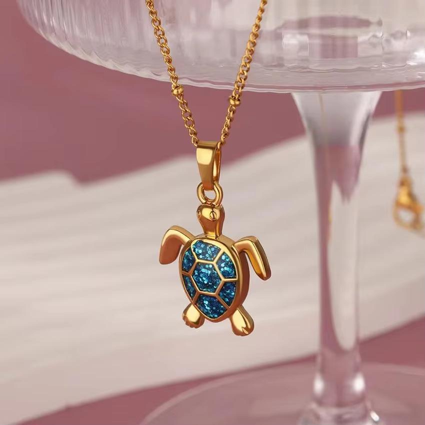 

Exquisite Trend Gold Color Stainless Steel Simulation Green Sea Turtle Zircon Pendant Necklace for Women Collar Chain Jewelry