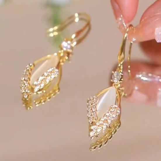 1/2 Paar Strass Blätter Stein Elegant Haken Ohrringe Faux Katzenaugen Luxus Damen Ohrringe