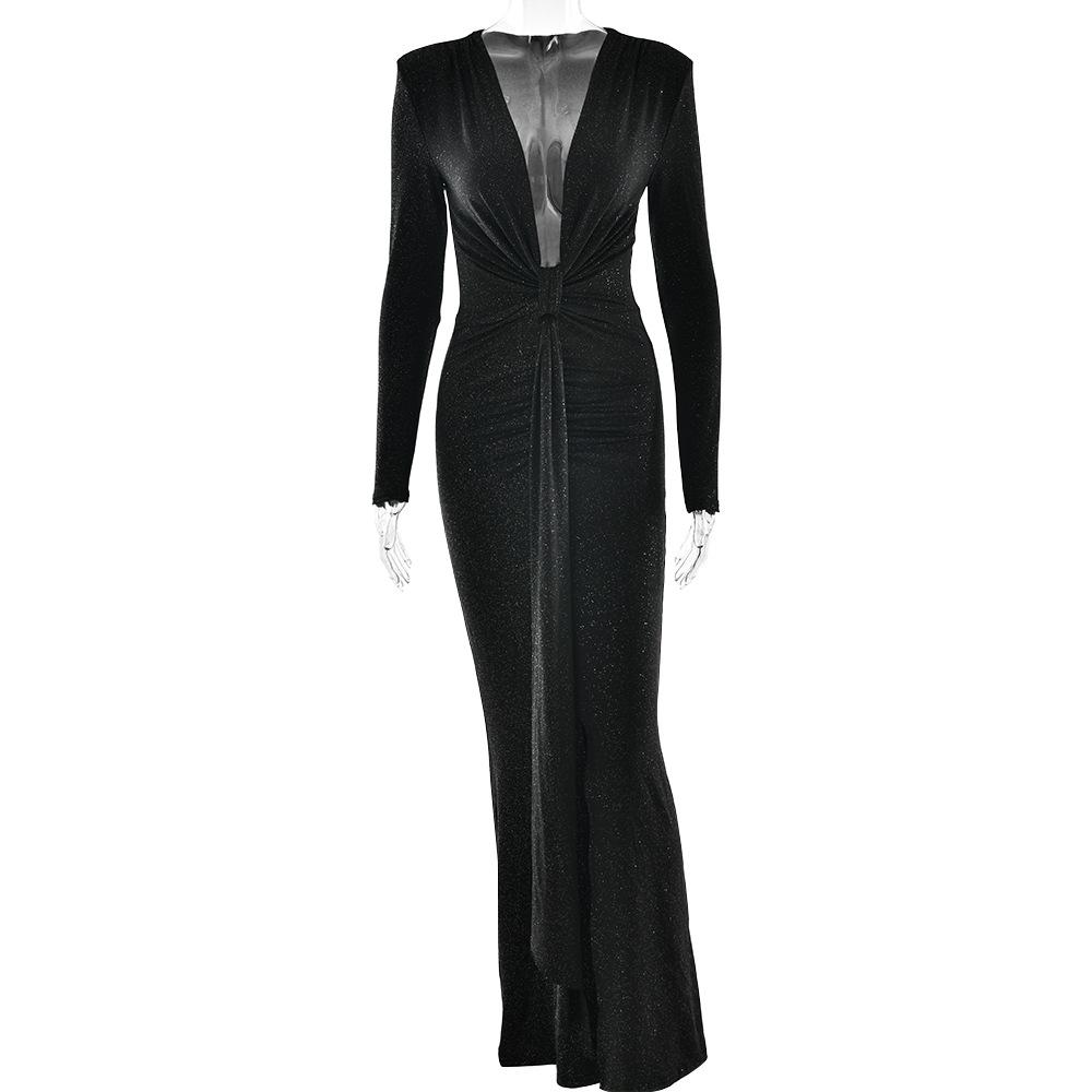 Long Sleeve Ruched Sexy Maxi Dress For Women Gown Fashion Skew Collar Draped Thigh High Split Club Long Dress