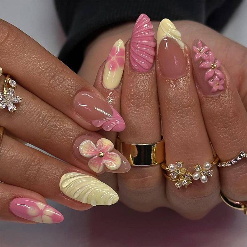 

Summer Painted 3D Flower Press-On Nails with Water Drop Texture - Handmade Wearable Manicure
