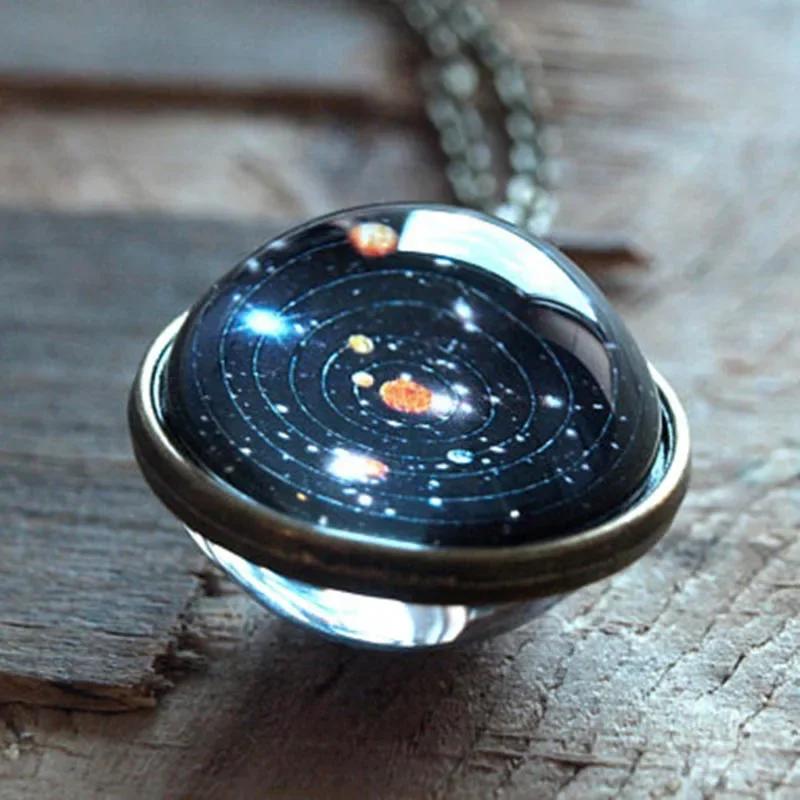 Solar System Universe Space Two-sided Glass Ball Pendant Necklace Popular For Women Men Moon Sun Earth Planet Jewelry