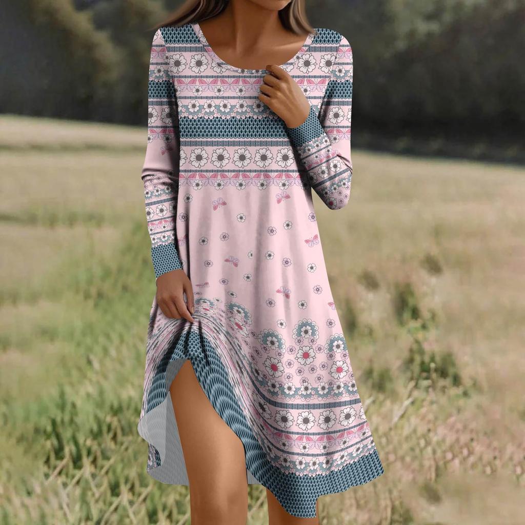 Long  Sleeve Dress For Women Casual Loose Fit Print Dress With Pockets