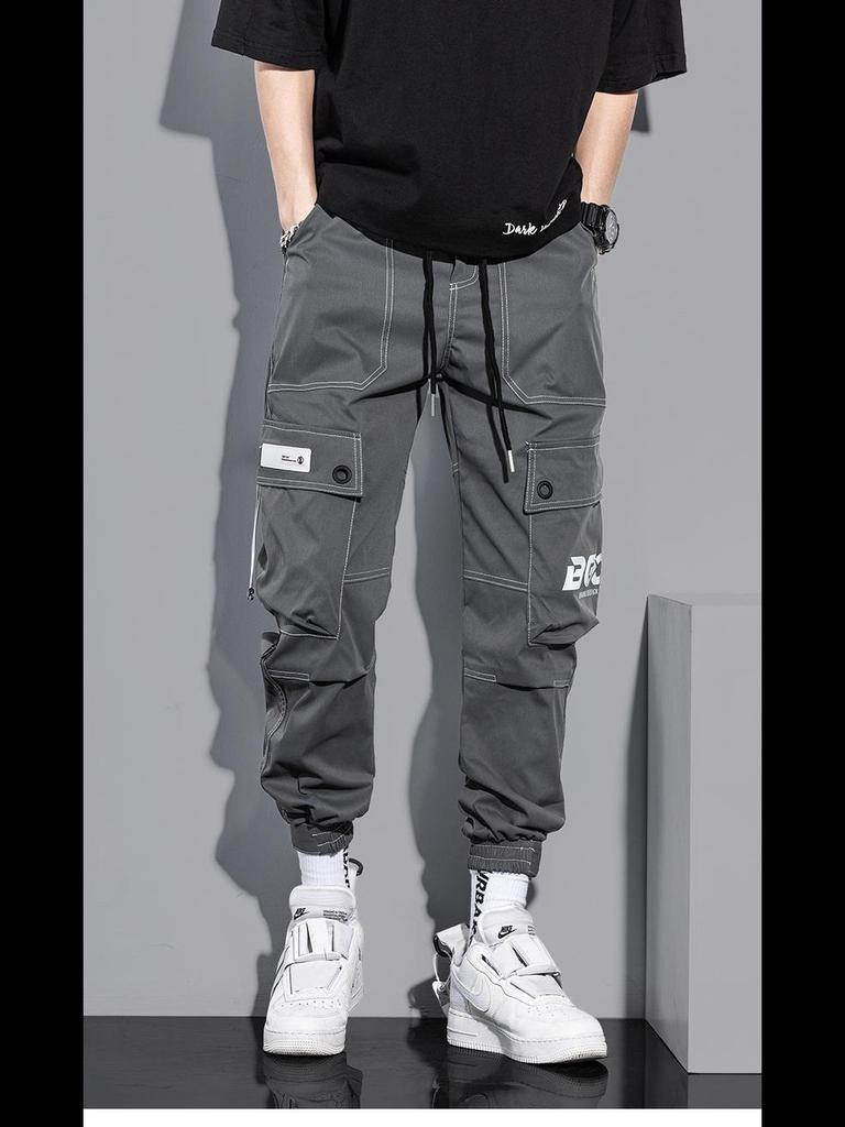 Autumn Men's Trendy American High Street Overalls with Bright Line Letter Print