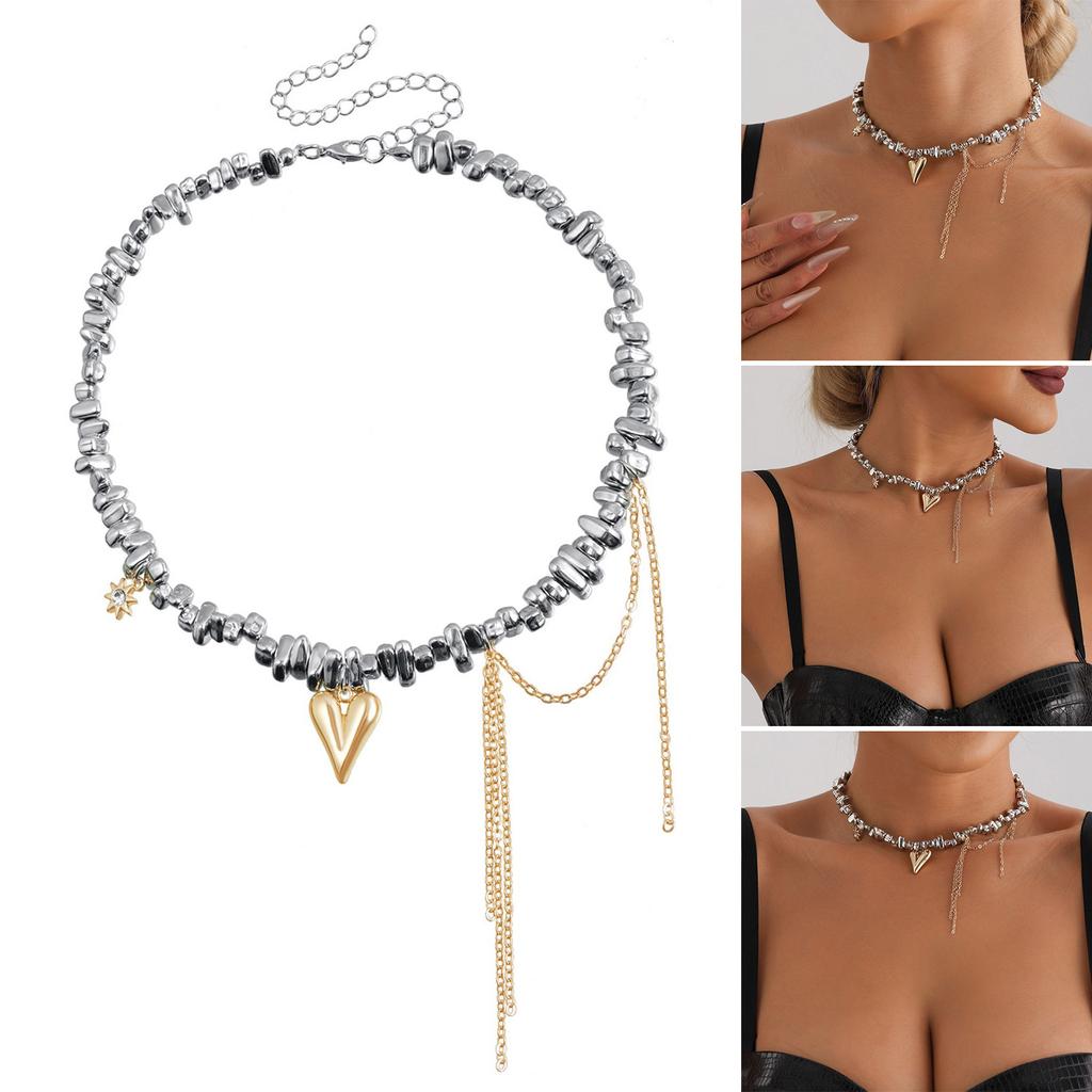 Heart Tassels Pendant Necklace With Irregular Beads Designs Unique Collarbone Chain Charm For Fashionable Young Women