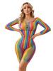 Womens Fishnet Sexy Lingerie Colorful Hollow Out Bodysuit Slim Fit Stretchy Short Jumpsuit Long Sleeve Bodycon Night Club Outfit