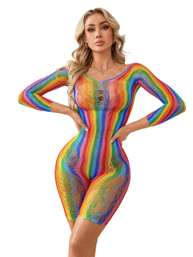 Womens Fishnet Sexy Lingerie Colorful Hollow Out Bodysuit Slim Fit Stretchy Short Jumpsuit Long Sleeve Bodycon Night Club Outfit