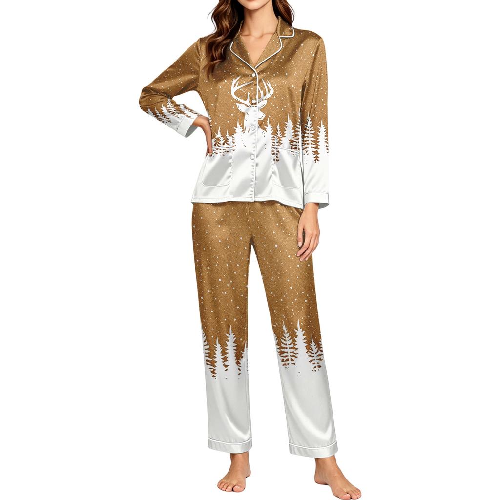 Women's Christmas Print Long Sleeve Pajama Set for Holiday and Sleepwear Gift