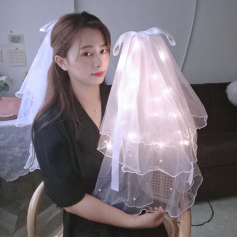 Hochzeit Schleier mit Clip/Kamm Haarschmuck für Bräute Mädchen Tüllschleier mit Rand und Lichterkette 8 Farben