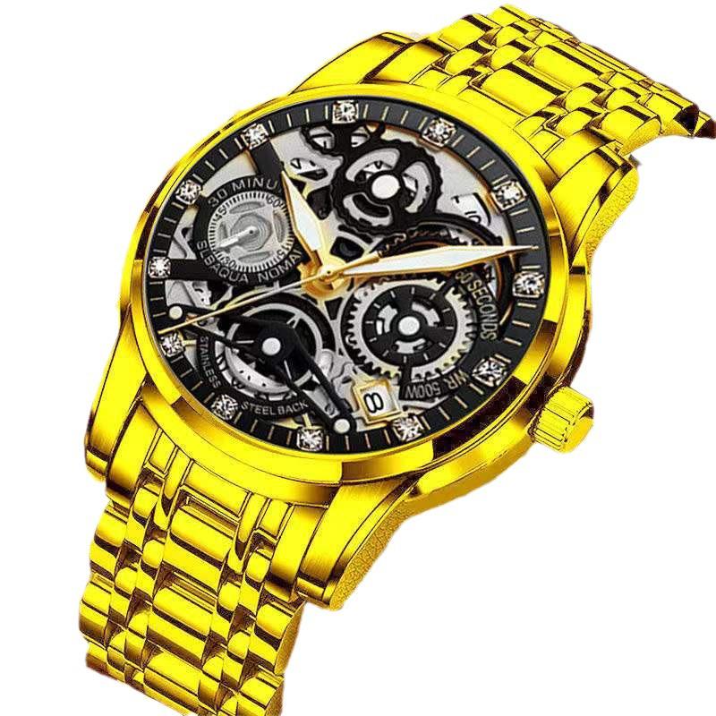 Men's Waterproof Automatic Quartz Watch with Luminous Hollow Diamond Design