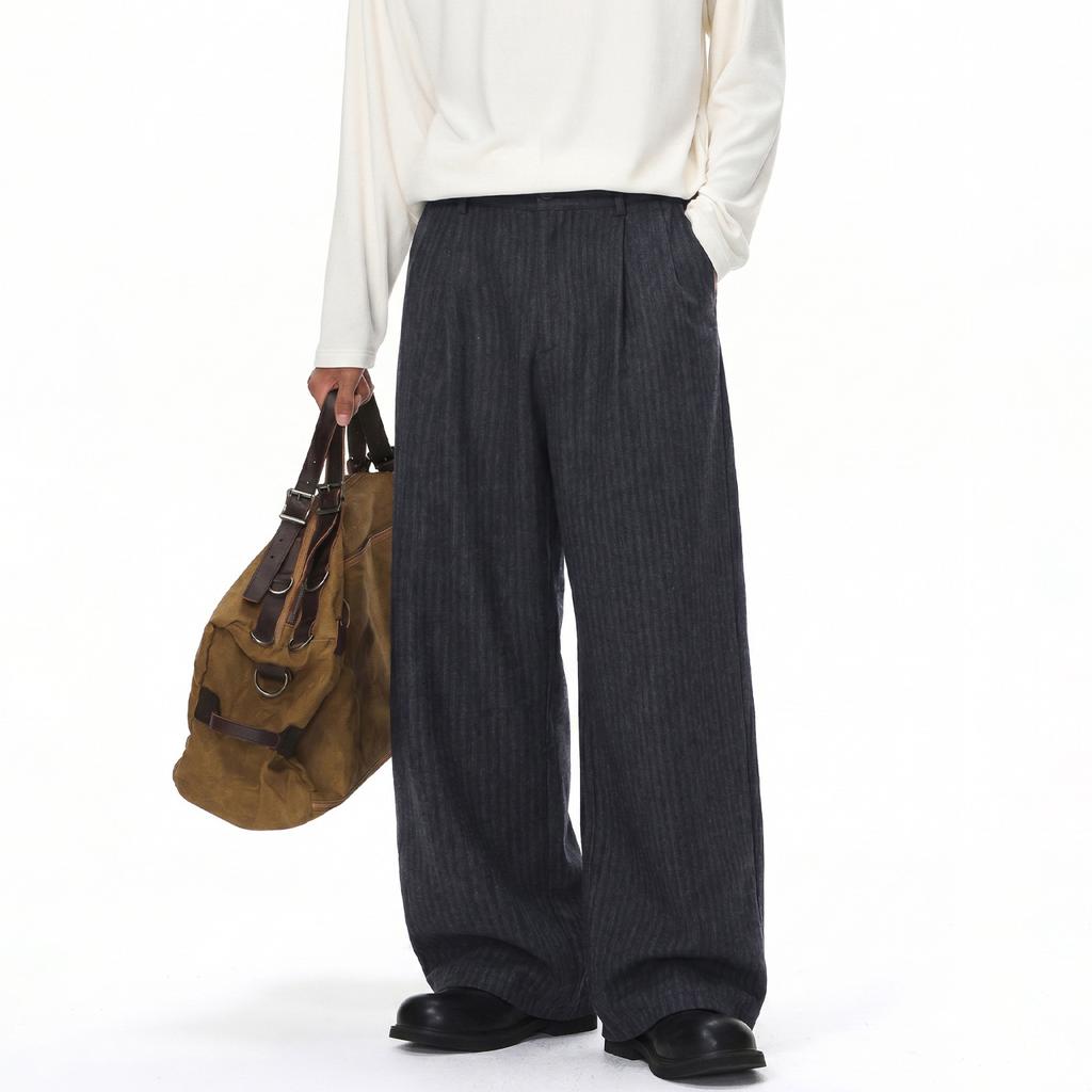 Heavy texture imitation woolen texture casual pants men's autumn and winter vertical stripes pleated loose suit long pants