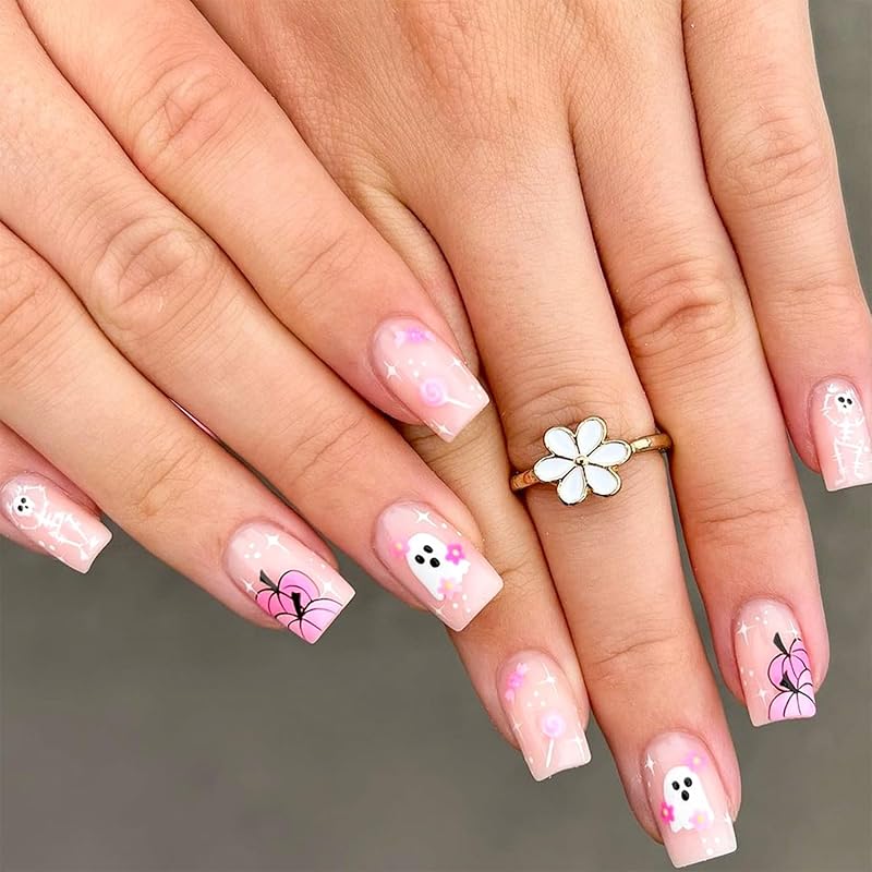 

Medium Square Halloween Press on Nails Cute Skull Ghost Pumpkin Fake Nails Glossy Day of the Dead Acrylic Glue on Nails Reusable Full Cover Stick on Halloween Design 975
