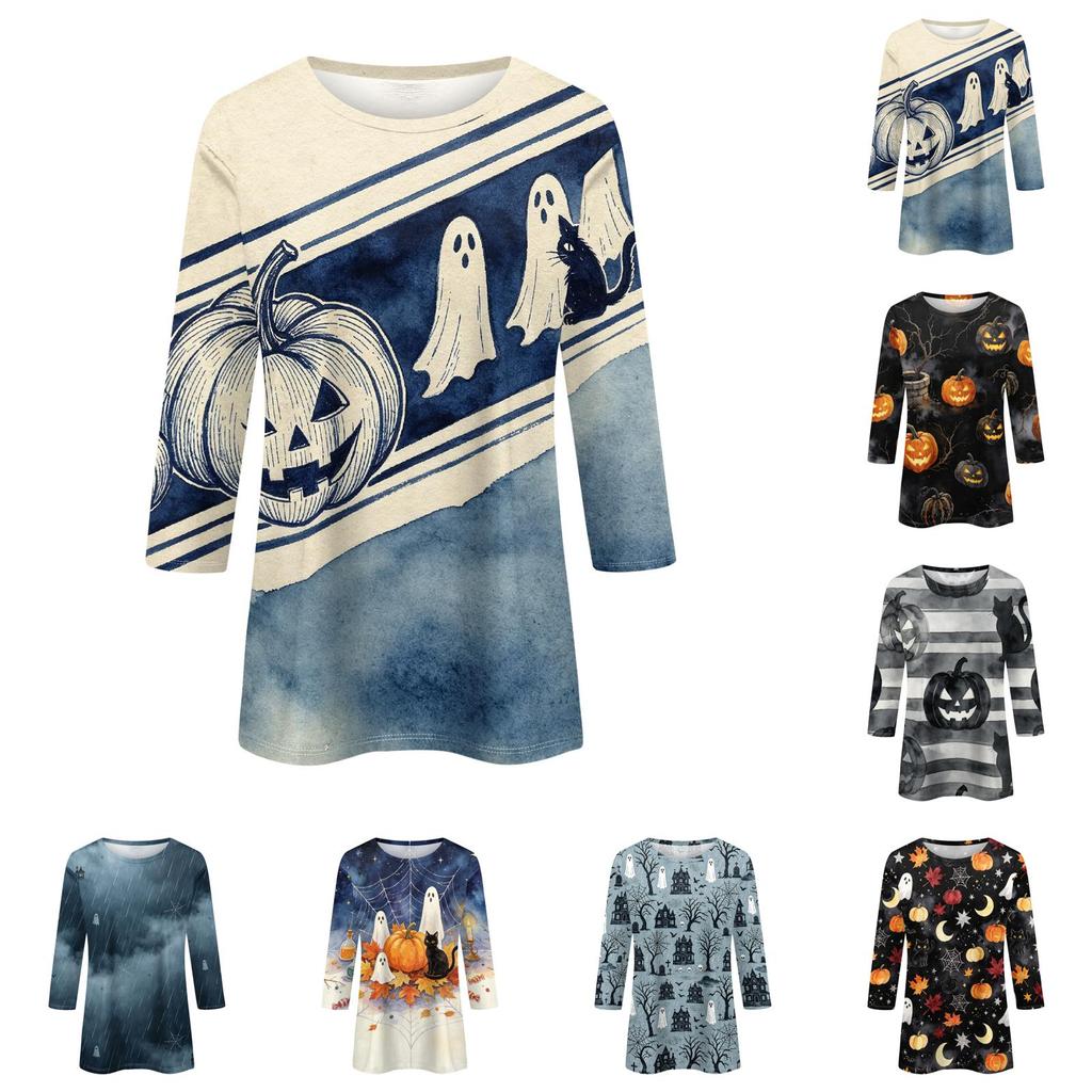 Women's Halloween Print Casual Round Neck -Quarter Sleeve for Holiday Party