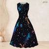 Women Plus Size Two Piece Set Black Multicolor Printed Three Quarter Sleeve Open Cardigan Sleeveless Crew Neck Tie Waist Flared Dress