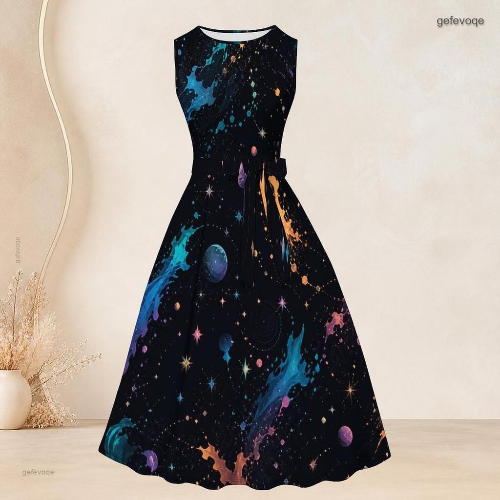 Women Plus Size Two Piece Set Black Multicolor Printed Three Quarter Sleeve Open Cardigan Sleeveless Crew Neck Tie Waist Flared Dress