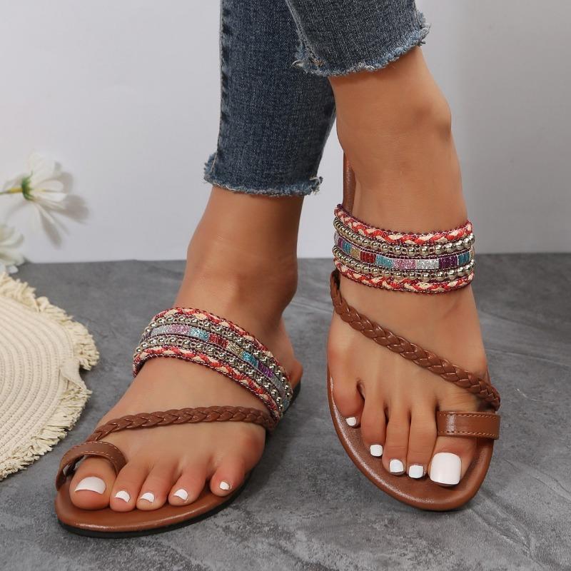 fashion Summer flip flops women's outdoor beach slippers non-slip leather braided thong flat sandals for women