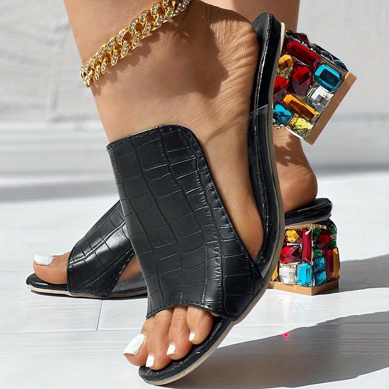 Women's Block Heel Sandals, Fashion Peep Toe Slip On Rhinestone Low Heels, Casual Sandals