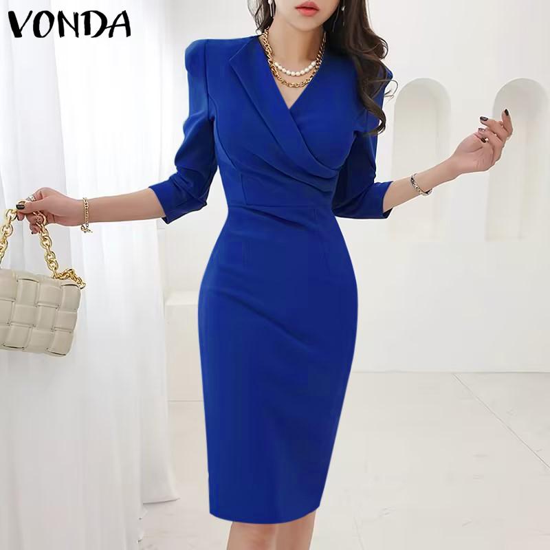 

Женские однотонные платья миди VONDA с ​​v-образным вырезом и длинными рукавами 3/4 и талией