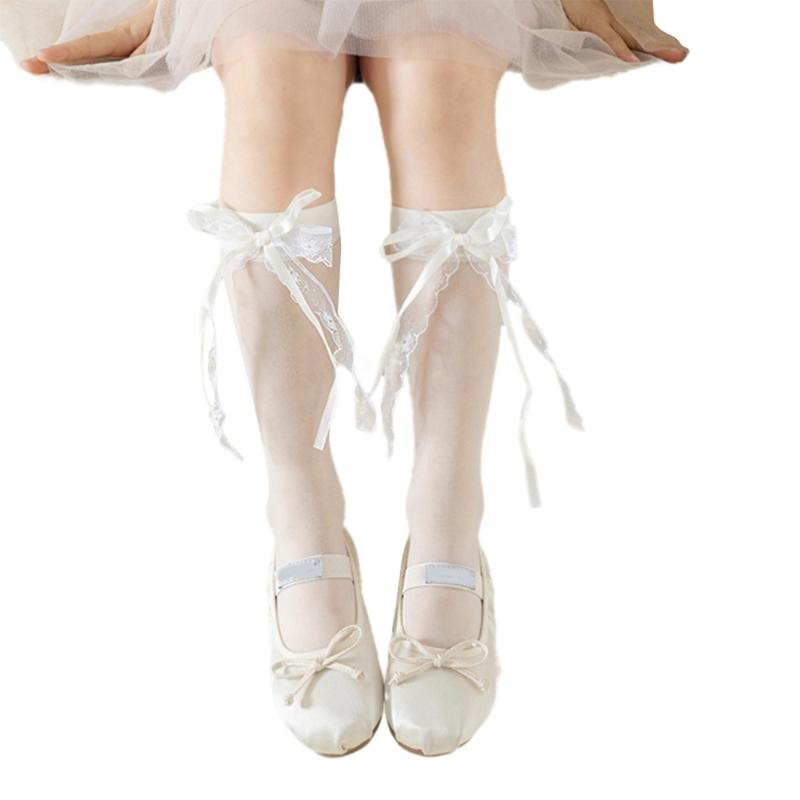 Soft & Breathable Girls Under Knee Length Socks Lovely Bowknot Accent Middle Tube Socks Stockings Enjoy Sweet Charm