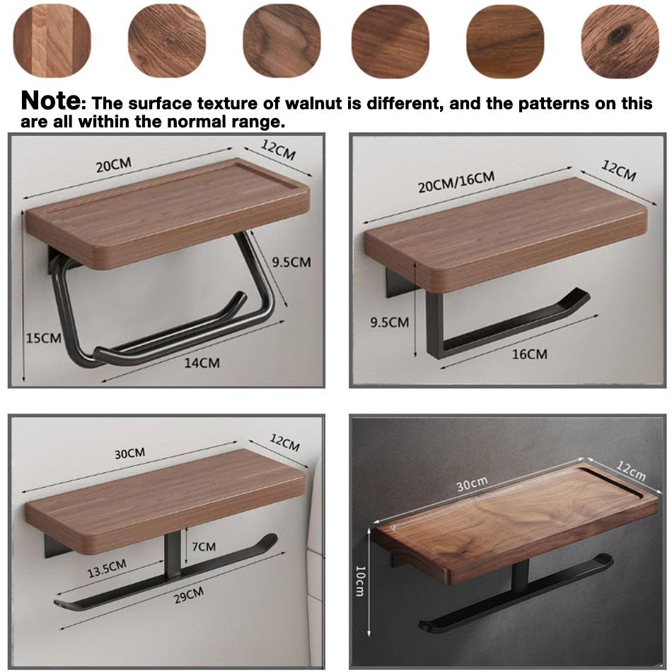 Double Paper Holder with Shelf Black Wood Wall Mounted WC Tissue Holders Walnut Toilet Paper Towel Rack for Bathroom Kitchen